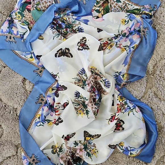 Floral and Butterfly Silk Print Scarf with Blue Border - Picture 2 of 5